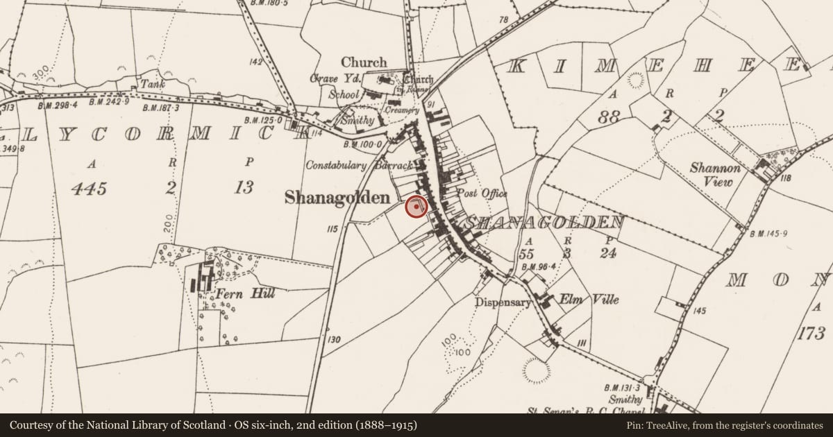 Ordnance Survey six-inch map, 2nd edition (1888–1915) covering the location of Enclosure, Ballycormick, County Limerick, with a pin at the register's coordinates