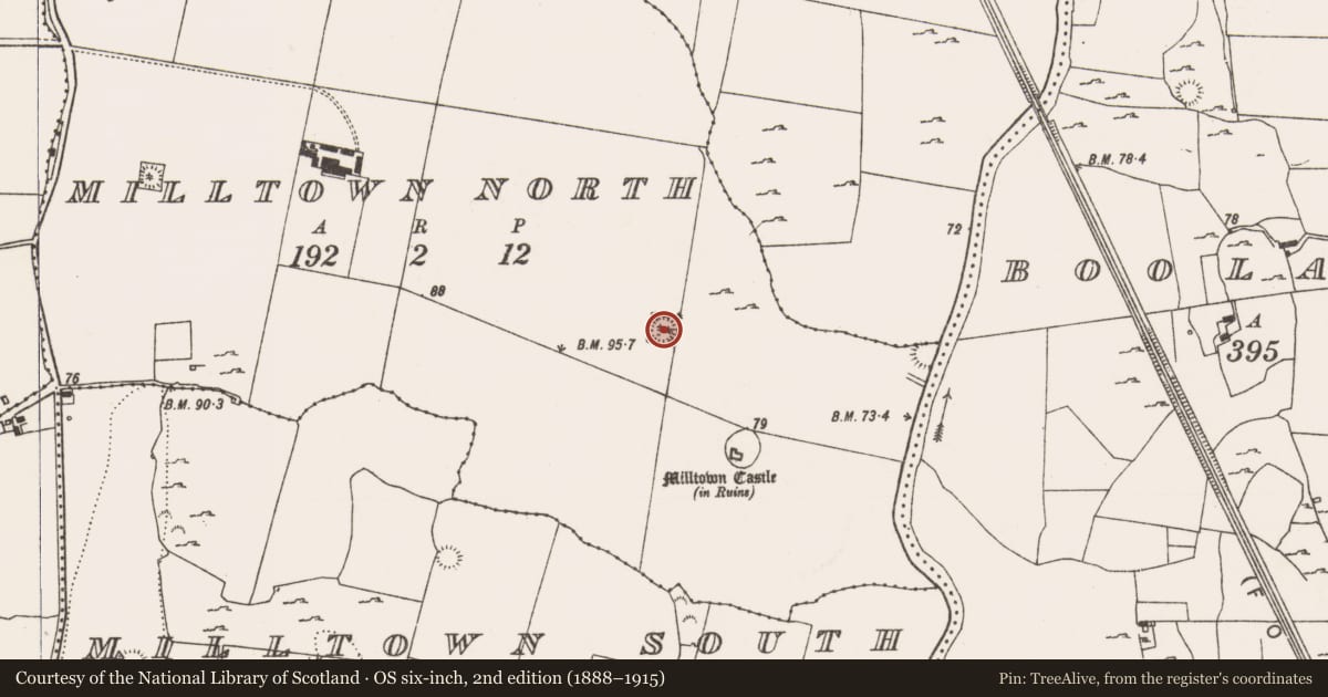 Ordnance Survey six-inch map, 2nd edition (1888–1915) covering the location of Ringfort - rath, Milltown North, County Limerick, with a pin at the register's coordinates