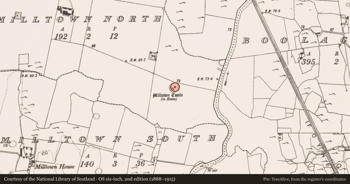 Ordnance Survey six-inch map, 2nd edition (1888–1915) covering the location of Ringfort - cashel, Milltown North, County Limerick, with a pin at the register's coordinates