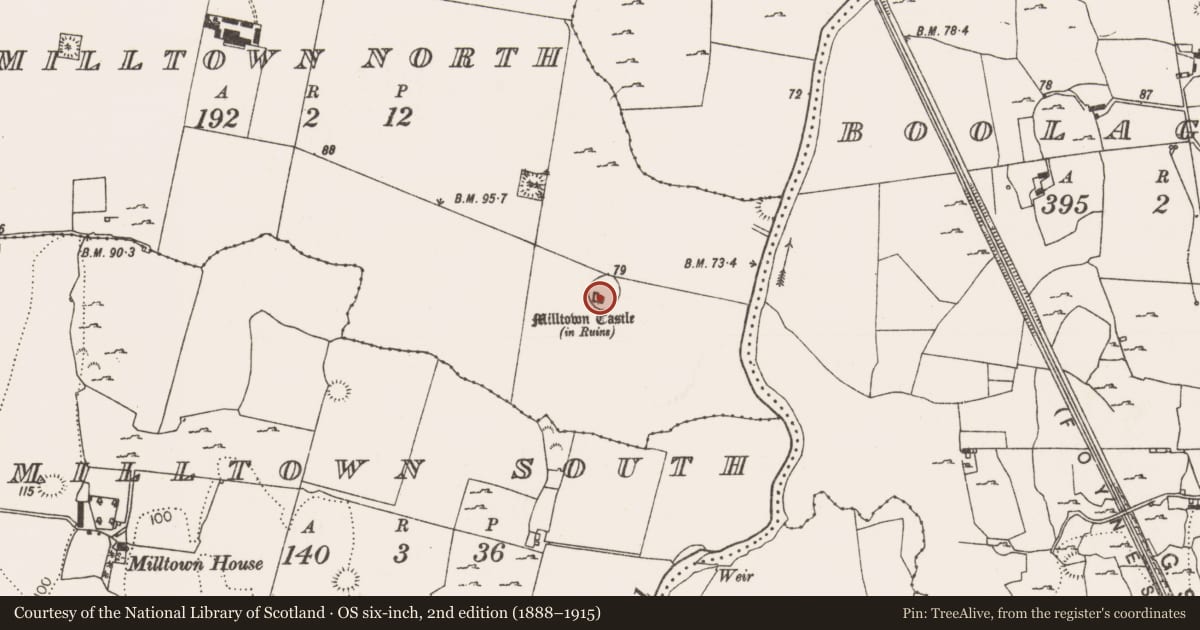 Ordnance Survey six-inch map, 2nd edition (1888–1915) covering the location of Castle - tower house, Milltown North, County Limerick, with a pin at the register's coordinates