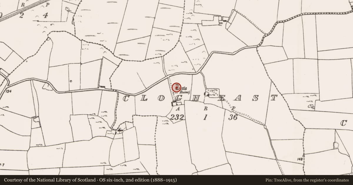 Ordnance Survey six-inch map, 2nd edition (1888–1915) covering the location of Castle - unclassified, Clogh East, County Limerick, with a pin at the register's coordinates