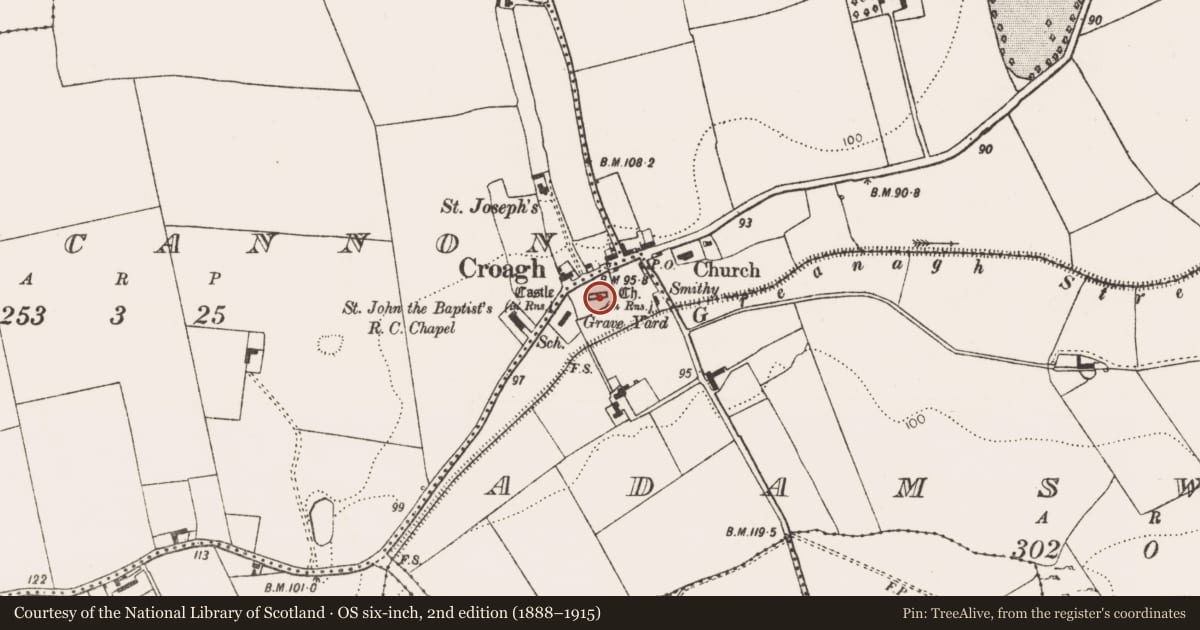 Ordnance Survey six-inch map, 2nd edition (1888–1915) covering the location of Graveyard, Adamswood, County Limerick, with a pin at the register's coordinates