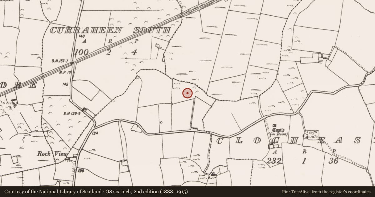 Ordnance Survey six-inch map, 2nd edition (1888–1915) covering the location of Fulacht fia, Clogh West, County Limerick, with a pin at the register's coordinates
