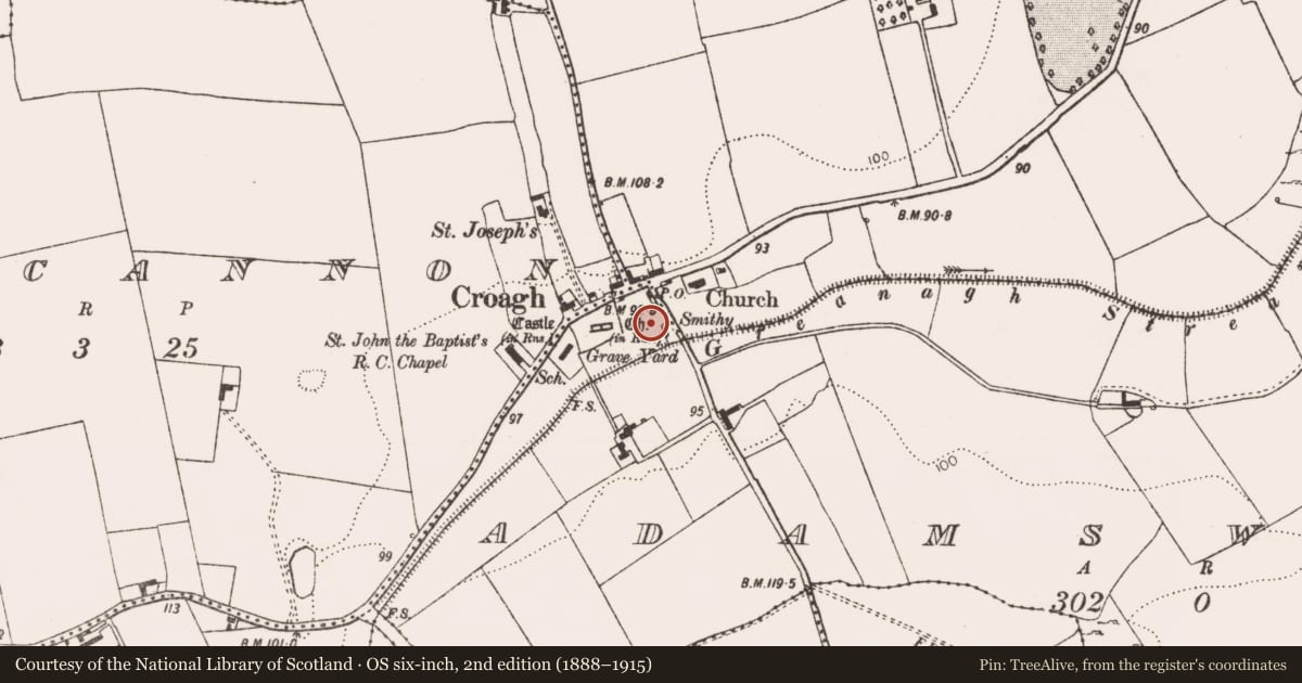 Ordnance Survey six-inch map, 2nd edition (1888–1915) covering the location of Fulacht fia, Adamswood, County Limerick, with a pin at the register's coordinates
