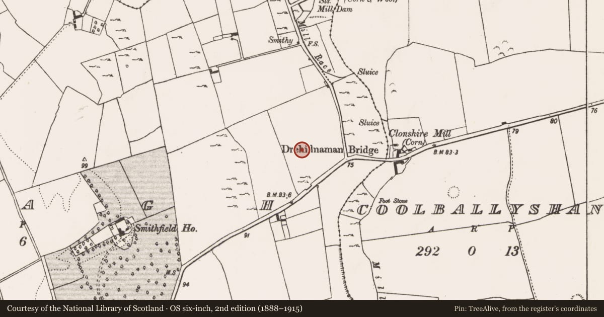 Ordnance Survey six-inch map, 2nd edition (1888–1915) covering the location of Enclosure, Croagh, County Limerick, with a pin at the register's coordinates