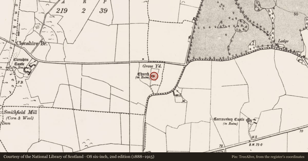 Ordnance Survey six-inch map, 2nd edition (1888–1915) covering the location of Church, Clonshire More, County Limerick, with a pin at the register's coordinates