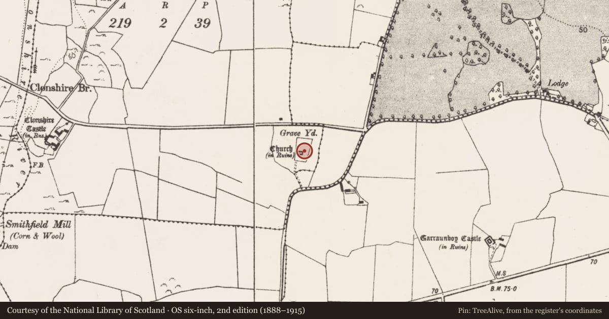 Ordnance Survey six-inch map, 2nd edition (1888–1915) covering the location of Cross, Clonshire More, County Limerick, with a pin at the register's coordinates