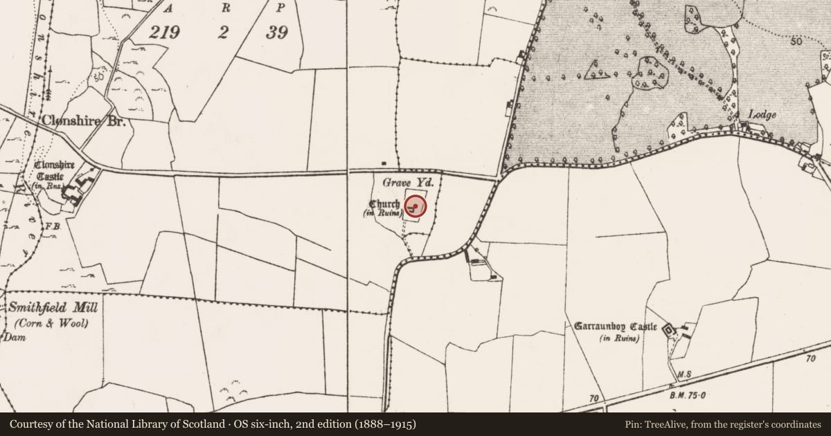 Ordnance Survey six-inch map, 2nd edition (1888–1915) covering the location of Cross, Clonshire More, County Limerick, with a pin at the register's coordinates