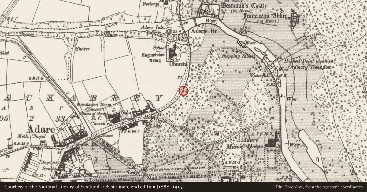 Ordnance Survey six-inch map, 2nd edition (1888–1915) covering the location of Historic town, Adare, Blackabbey, County Limerick, with a pin at the register's coordinates