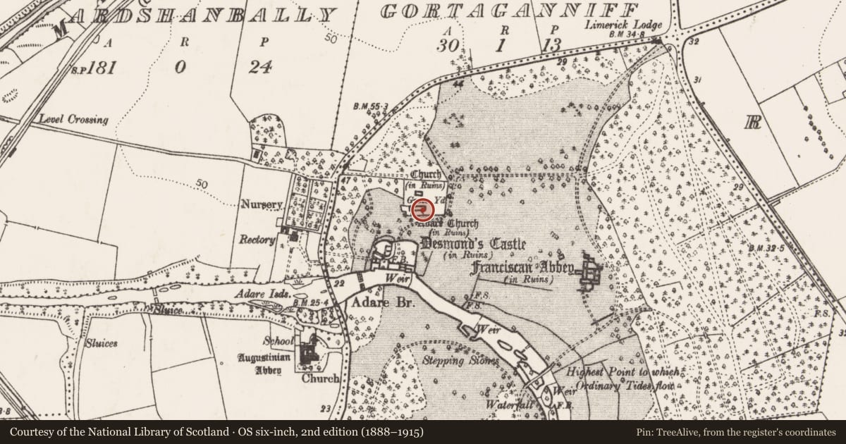 Ordnance Survey six-inch map, 2nd edition (1888–1915) covering the location of Church, Adare, County Limerick, with a pin at the register's coordinates