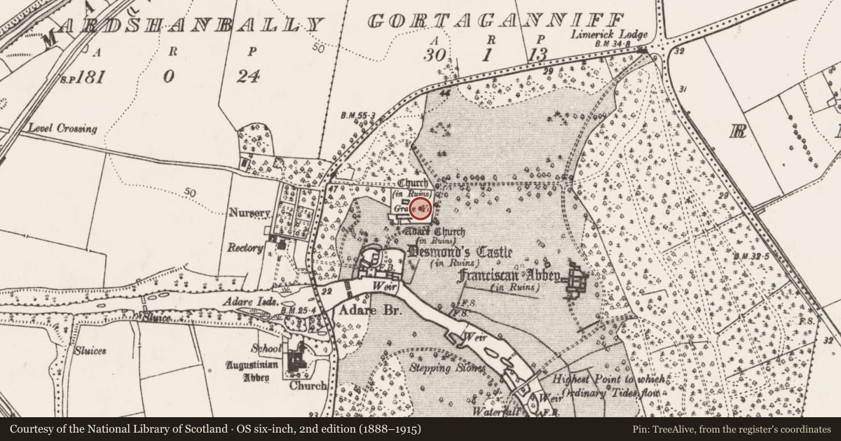 Ordnance Survey six-inch map, 2nd edition (1888–1915) covering the location of Graveyard, Adare, County Limerick, with a pin at the register's coordinates