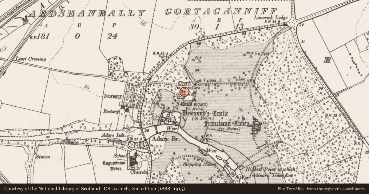 Ordnance Survey six-inch map, 2nd edition (1888–1915) covering the location of Chapel, Adare, County Limerick, with a pin at the register's coordinates