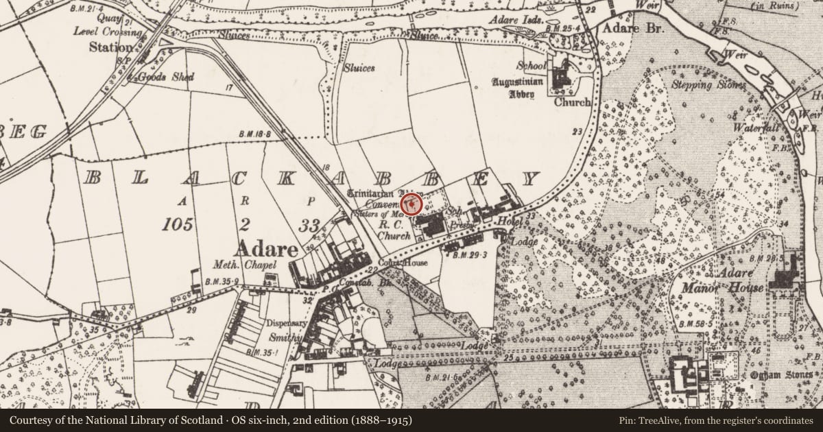 Ordnance Survey six-inch map, 2nd edition (1888–1915) covering the location of Dovecote, Blackabbey, County Limerick, with a pin at the register's coordinates