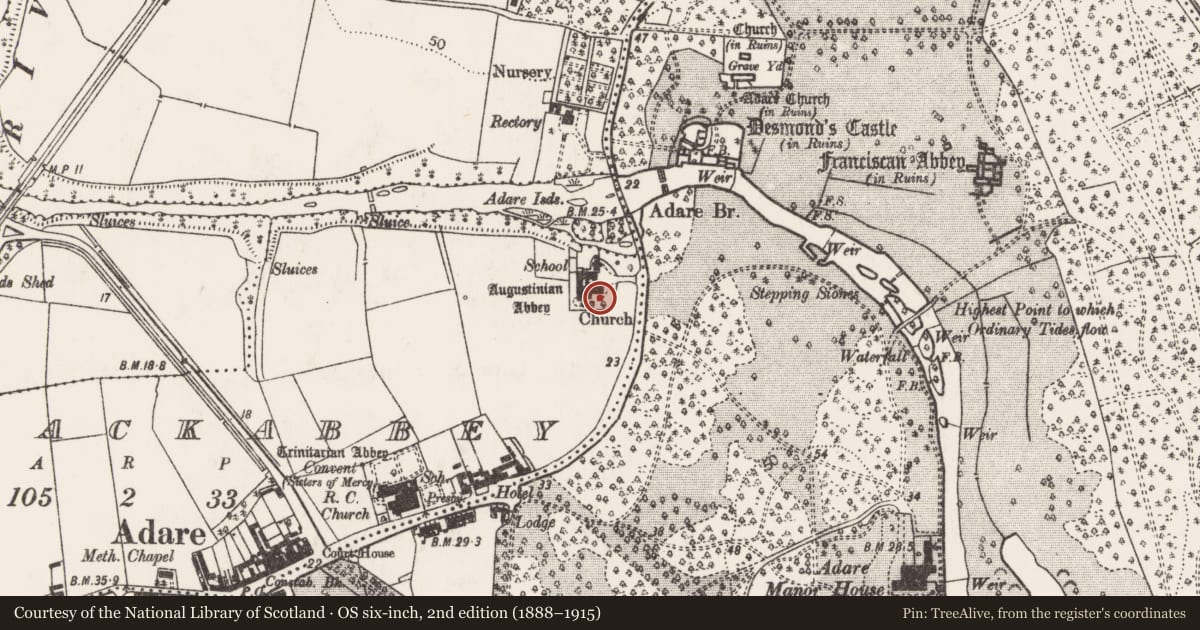 Ordnance Survey six-inch map, 2nd edition (1888–1915) covering the location of Font, Blackabbey, County Limerick, with a pin at the register's coordinates