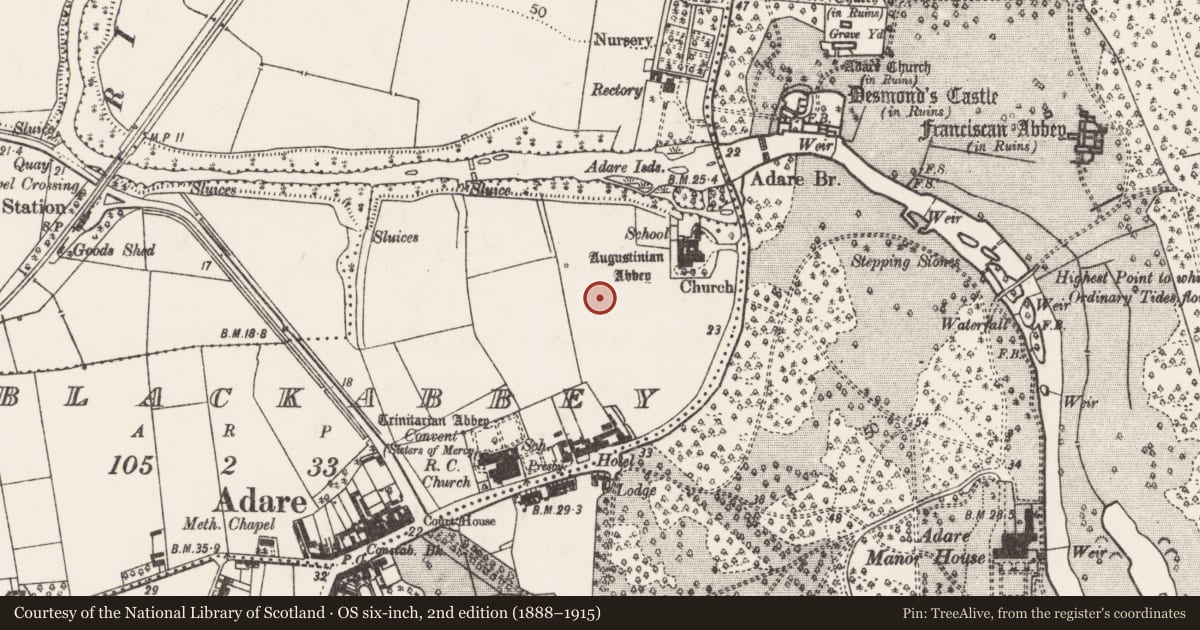 Ordnance Survey six-inch map, 2nd edition (1888–1915) covering the location of Earthwork, Blackabbey, County Limerick, with a pin at the register's coordinates