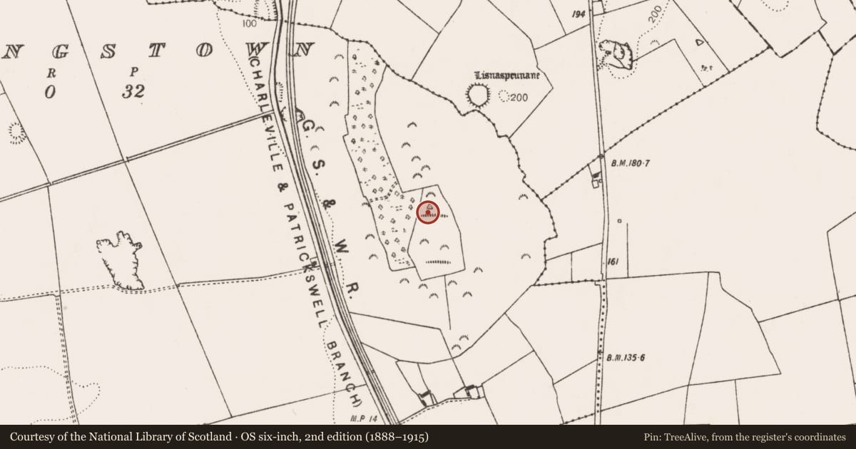 Ordnance Survey six-inch map, 2nd edition (1888–1915) covering the location of Ringfort - unclassified, Fanningstown, County Limerick, with a pin at the register's coordinates