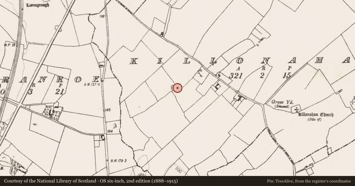 Ordnance Survey six-inch map, 2nd edition (1888–1915) covering the location of Ringfort - cashel, Killonahan, County Limerick, with a pin at the register's coordinates
