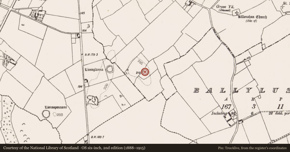 Ordnance Survey six-inch map, 2nd edition (1888–1915) covering the location of Ringfort - rath, Killonahan, County Limerick, with a pin at the register's coordinates