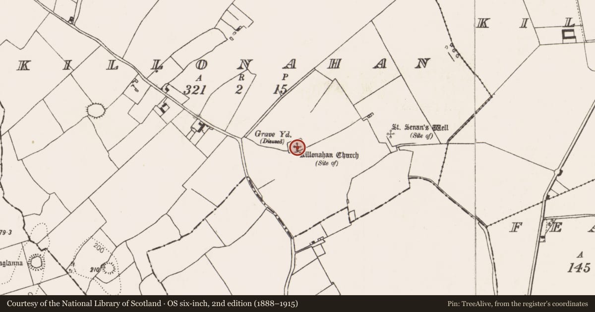 Ordnance Survey six-inch map, 2nd edition (1888–1915) covering the location of Church, Killonahan, County Limerick, with a pin at the register's coordinates
