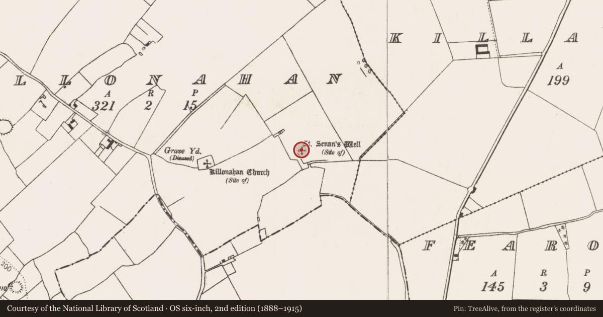 Ordnance Survey six-inch map, 2nd edition (1888–1915) covering the location of Ritual site - holy well, Killonahan, County Limerick, with a pin at the register's coordinates