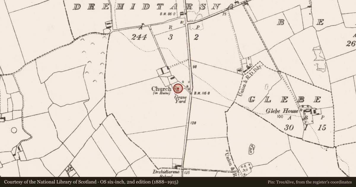 Ordnance Survey six-inch map, 2nd edition (1888–1915) covering the location of Graveyard, Drehidtarsna, County Limerick, with a pin at the register's coordinates