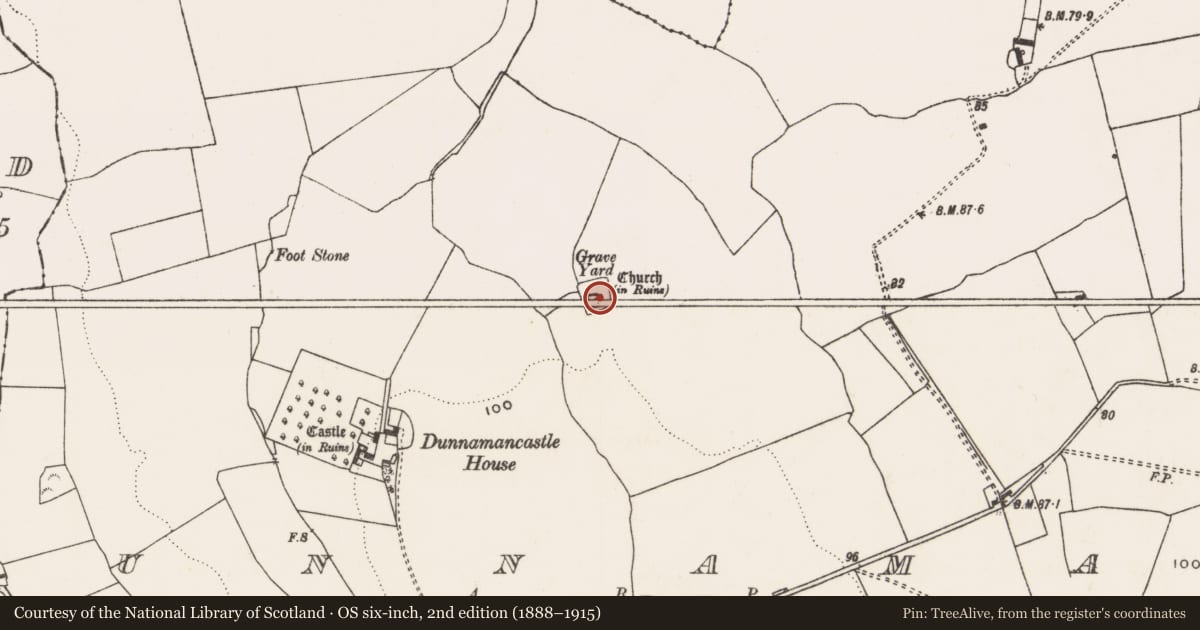Ordnance Survey six-inch map, 2nd edition (1888–1915) covering the location of Church, Dunnaman, County Limerick, with a pin at the register's coordinates