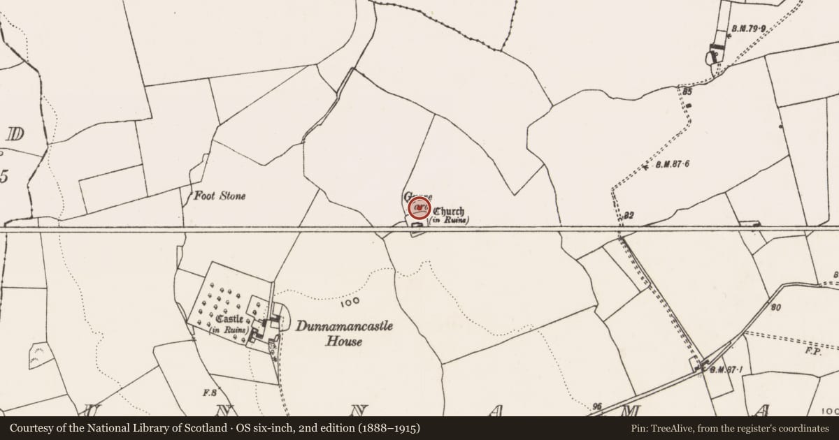 Ordnance Survey six-inch map, 2nd edition (1888–1915) covering the location of Ecclesiastical enclosure, Dunnaman, County Limerick, with a pin at the register's coordinates