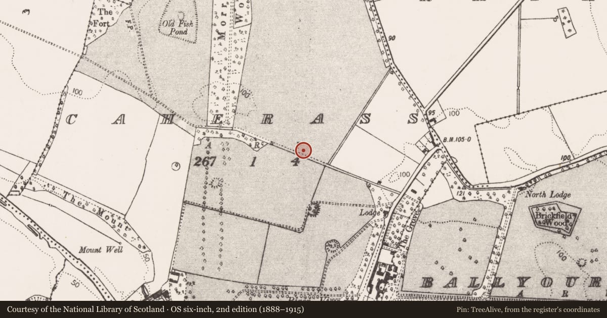 Ordnance Survey six-inch map, 2nd edition (1888–1915) covering the location of Enclosure, Caherass, County Limerick, with a pin at the register's coordinates