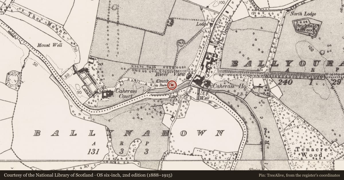 Ordnance Survey six-inch map, 2nd edition (1888–1915) covering the location of Church, Caherass, County Limerick, with a pin at the register's coordinates