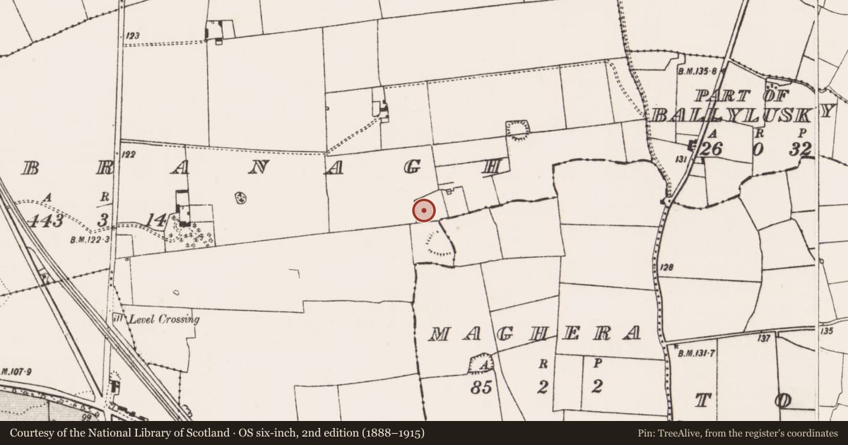 Ordnance Survey six-inch map, 2nd edition (1888–1915) covering the location of Ringfort - unclassified, Rathbranagh, County Limerick, with a pin at the register's coordinates