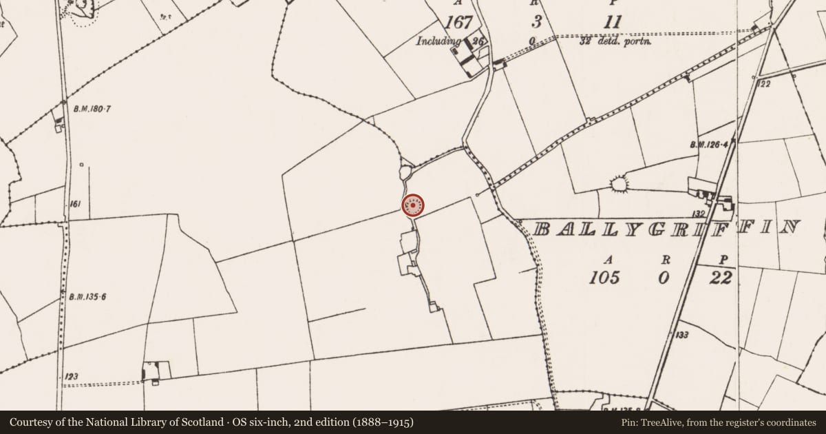 Ordnance Survey six-inch map, 2nd edition (1888–1915) covering the location of Ringfort - rath, Rathbranagh, County Limerick, with a pin at the register's coordinates