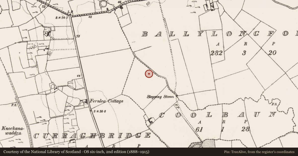 Ordnance Survey six-inch map, 2nd edition (1888–1915) covering the location of Ritual site - holy well, Coolbaun, County Limerick, with a pin at the register's coordinates