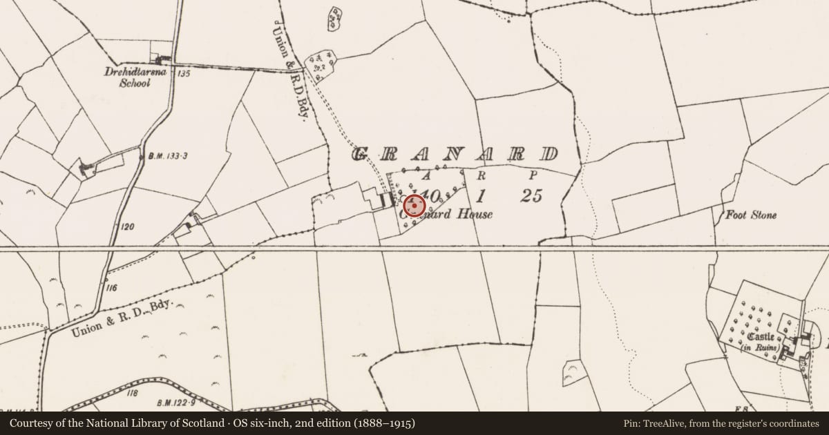 Ordnance Survey six-inch map, 2nd edition (1888–1915) covering the location of Designed landscape feature, Granard, County Limerick, with a pin at the register's coordinates