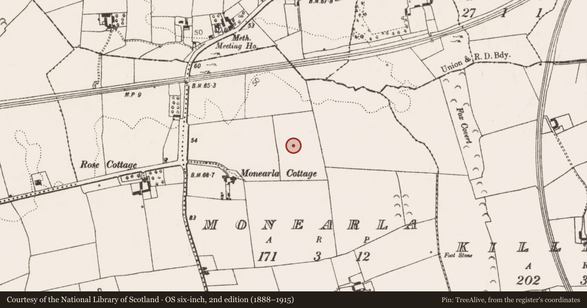 Ordnance Survey six-inch map, 2nd edition (1888–1915) covering the location of Enclosure, Monearla, County Limerick, with a pin at the register's coordinates