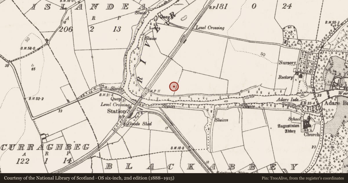 Ordnance Survey six-inch map, 2nd edition (1888–1915) covering the location of Enclosure, Ardshanbally, County Limerick, with a pin at the register's coordinates