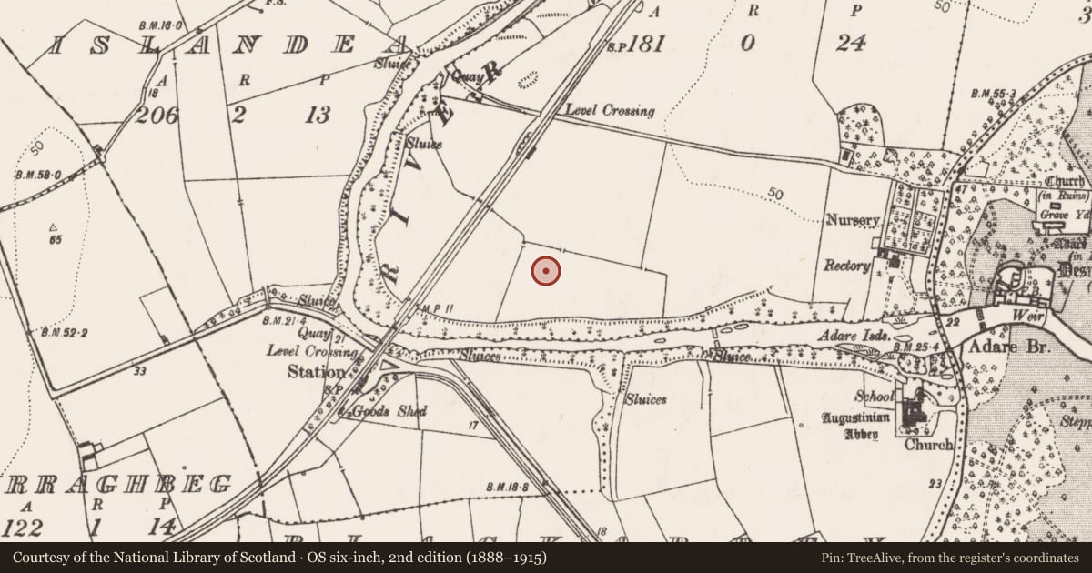 Ordnance Survey six-inch map, 2nd edition (1888–1915) covering the location of Enclosure, Ardshanbally, County Limerick, with a pin at the register's coordinates
