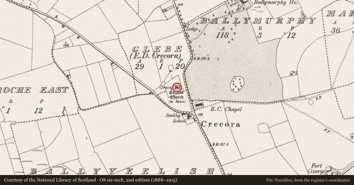 Ordnance Survey six-inch map, 2nd edition (1888–1915) covering the location of Graveyard, Glebe, County Limerick, with a pin at the register's coordinates