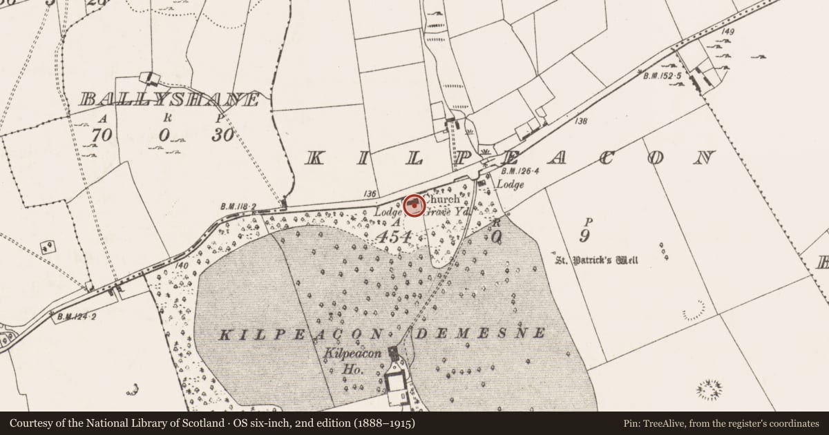 Ordnance Survey six-inch map, 2nd edition (1888–1915) covering the location of Church, Kilpeacon, County Limerick, with a pin at the register's coordinates