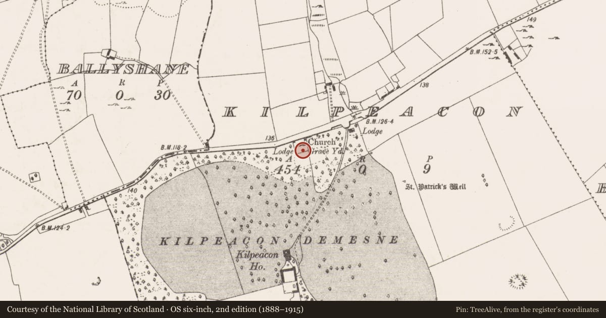 Ordnance Survey six-inch map, 2nd edition (1888–1915) covering the location of Graveyard, Kilpeacon, County Limerick, with a pin at the register's coordinates