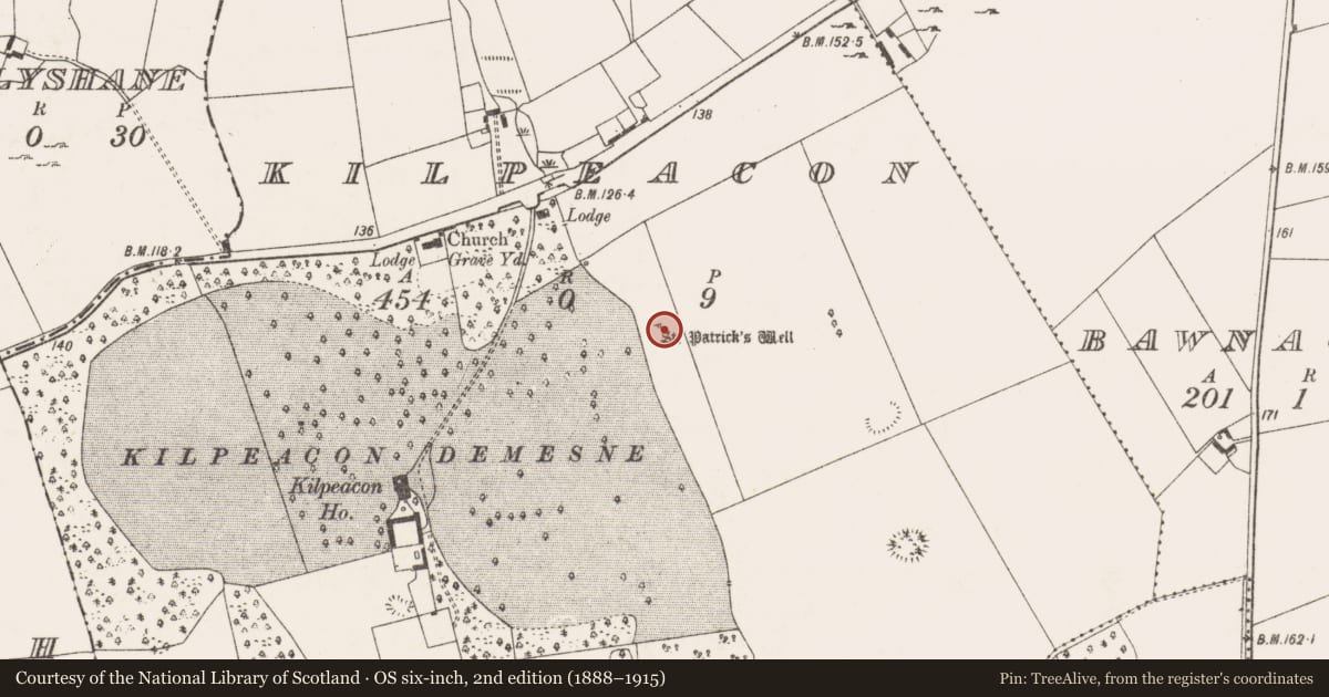 Ordnance Survey six-inch map, 2nd edition (1888–1915) covering the location of Ritual site - holy well, Kilpeacon, County Limerick, with a pin at the register's coordinates