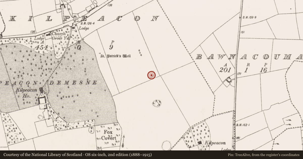 Ordnance Survey six-inch map, 2nd edition (1888–1915) covering the location of Ringfort - rath, Kilpeacon, County Limerick, with a pin at the register's coordinates