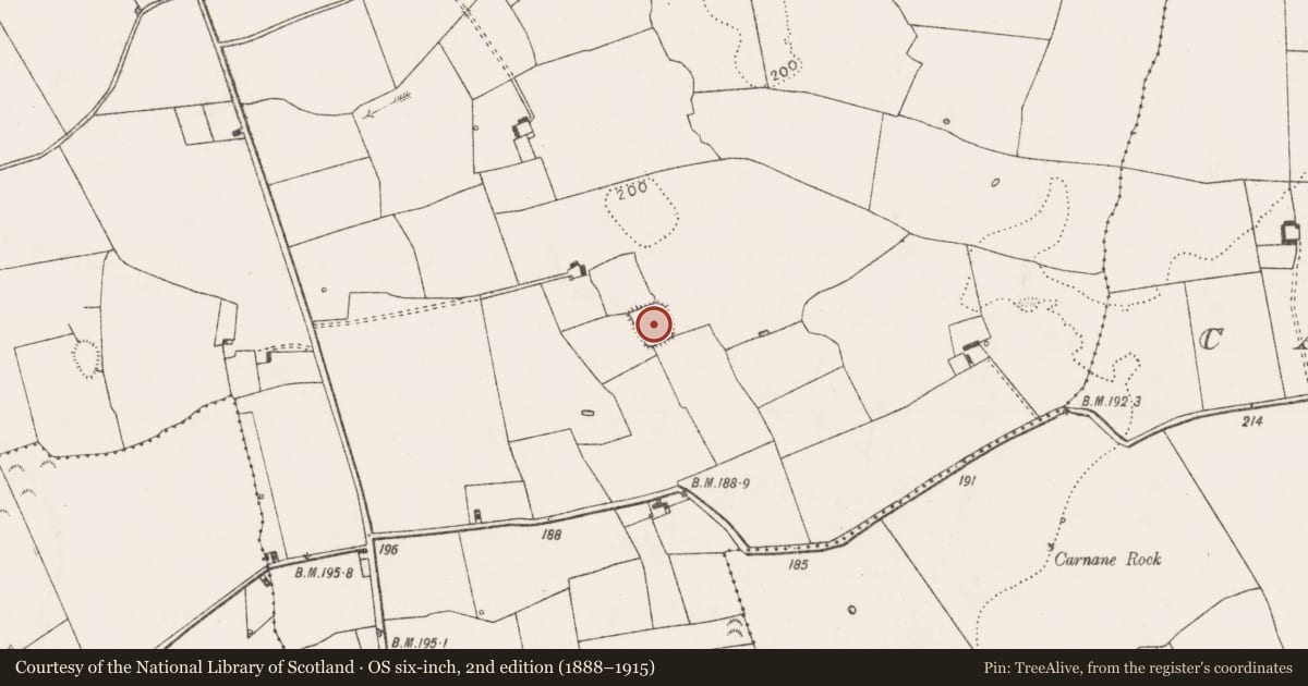Ordnance Survey six-inch map, 2nd edition (1888–1915) covering the location of Moated site, Fanningstown, County Limerick, with a pin at the register's coordinates