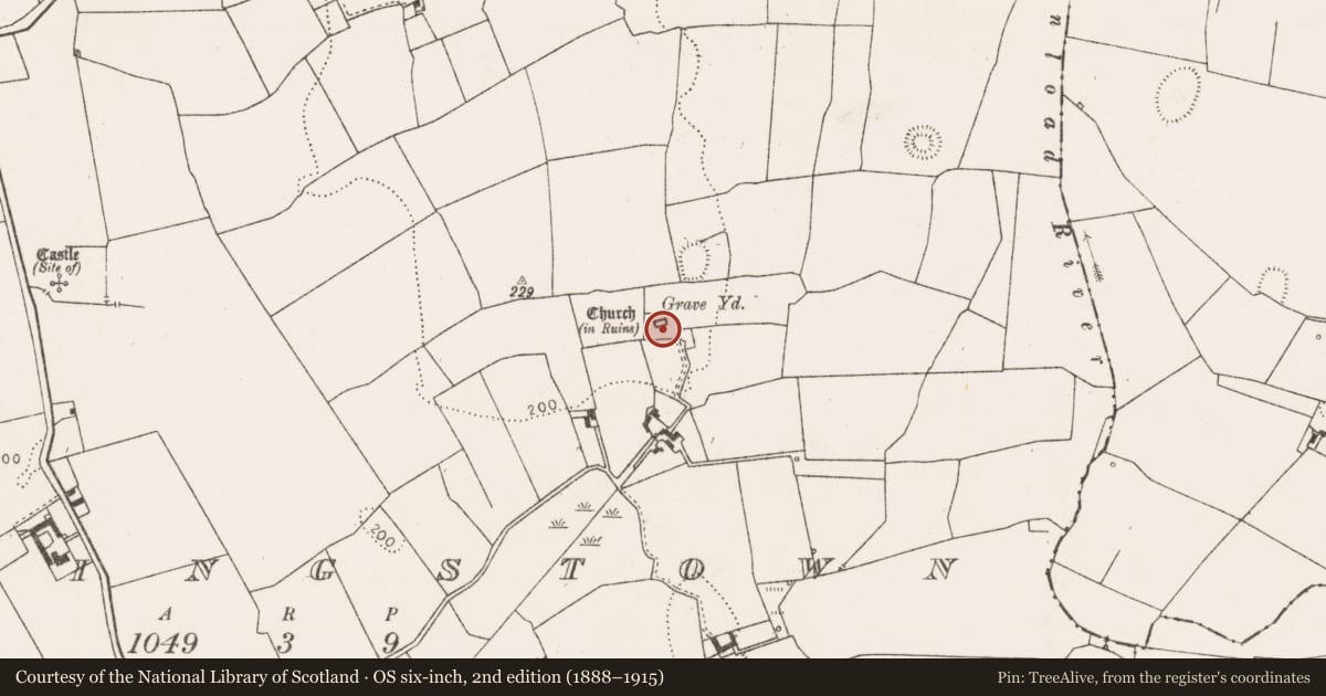 Ordnance Survey six-inch map, 2nd edition (1888–1915) covering the location of Church, Fanningstown, County Limerick, with a pin at the register's coordinates