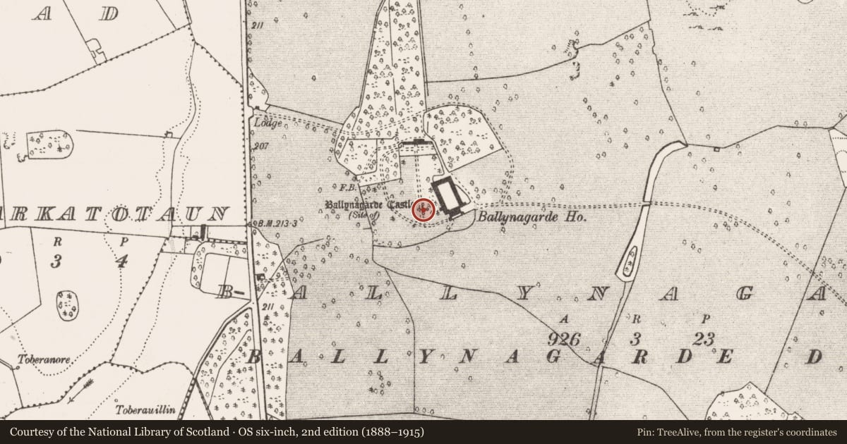 Ordnance Survey six-inch map, 2nd edition (1888–1915) covering the location of Castle - tower house, Ballynagarde, County Limerick, with a pin at the register's coordinates