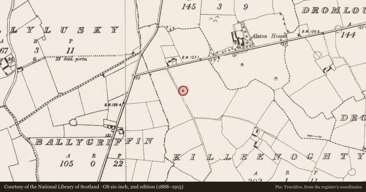 Ordnance Survey six-inch map, 2nd edition (1888–1915) covering the location of Ringfort - cashel, Killeenoghty, County Limerick, with a pin at the register's coordinates