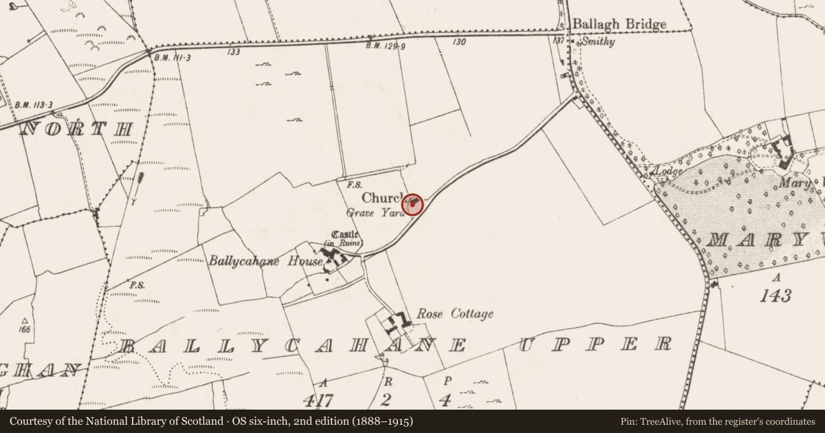 Ordnance Survey six-inch map, 2nd edition (1888–1915) covering the location of Church, Ballycahane Upper, County Limerick, with a pin at the register's coordinates