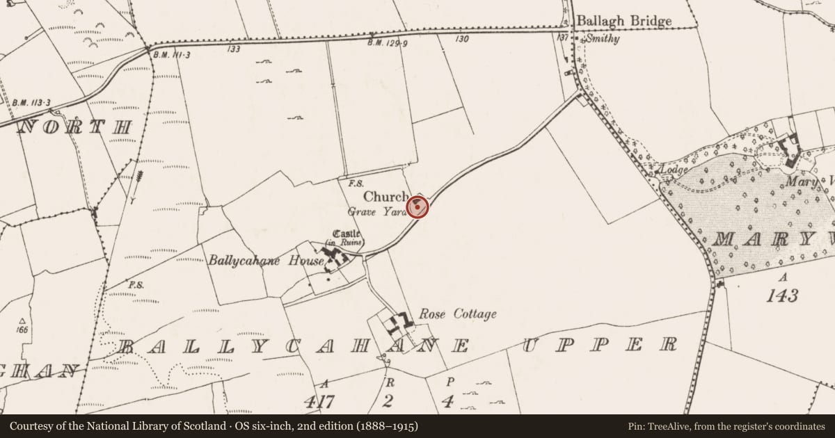 Ordnance Survey six-inch map, 2nd edition (1888–1915) covering the location of Graveyard, Ballycahane Upper, County Limerick, with a pin at the register's coordinates