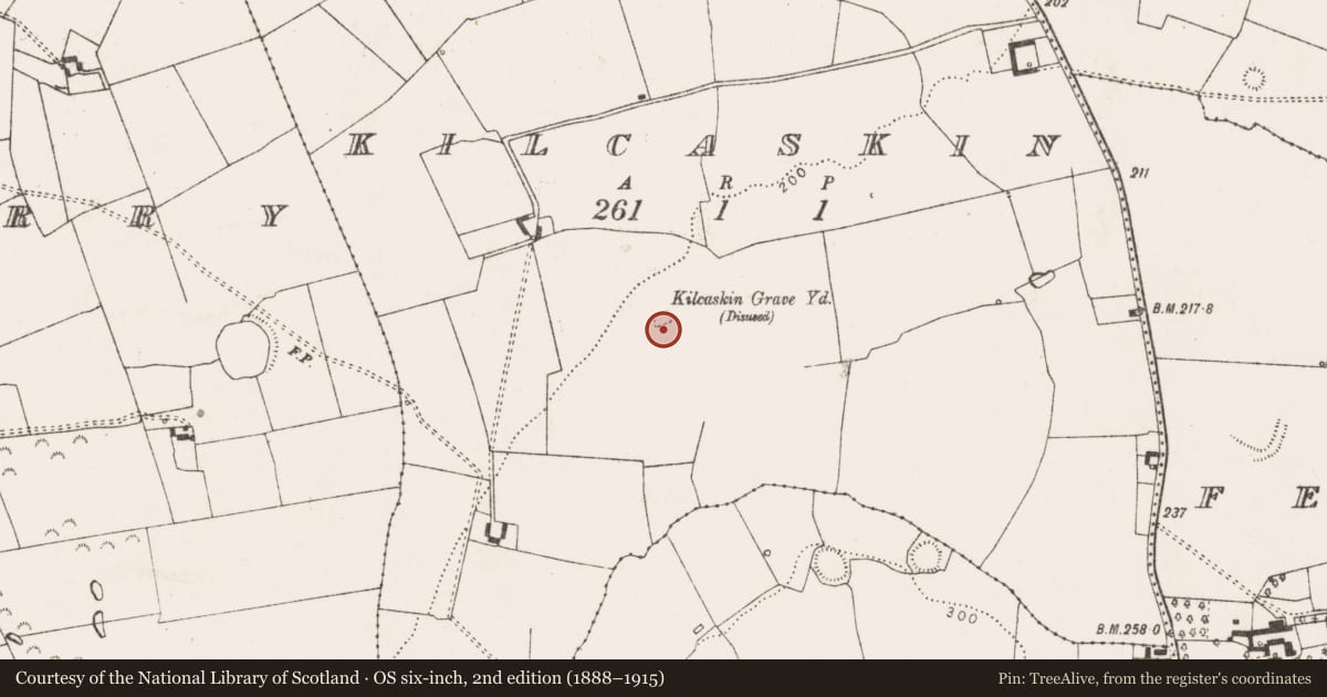 Ordnance Survey six-inch map, 2nd edition (1888–1915) covering the location of Burial ground, Kilcaskin, County Limerick, with a pin at the register's coordinates