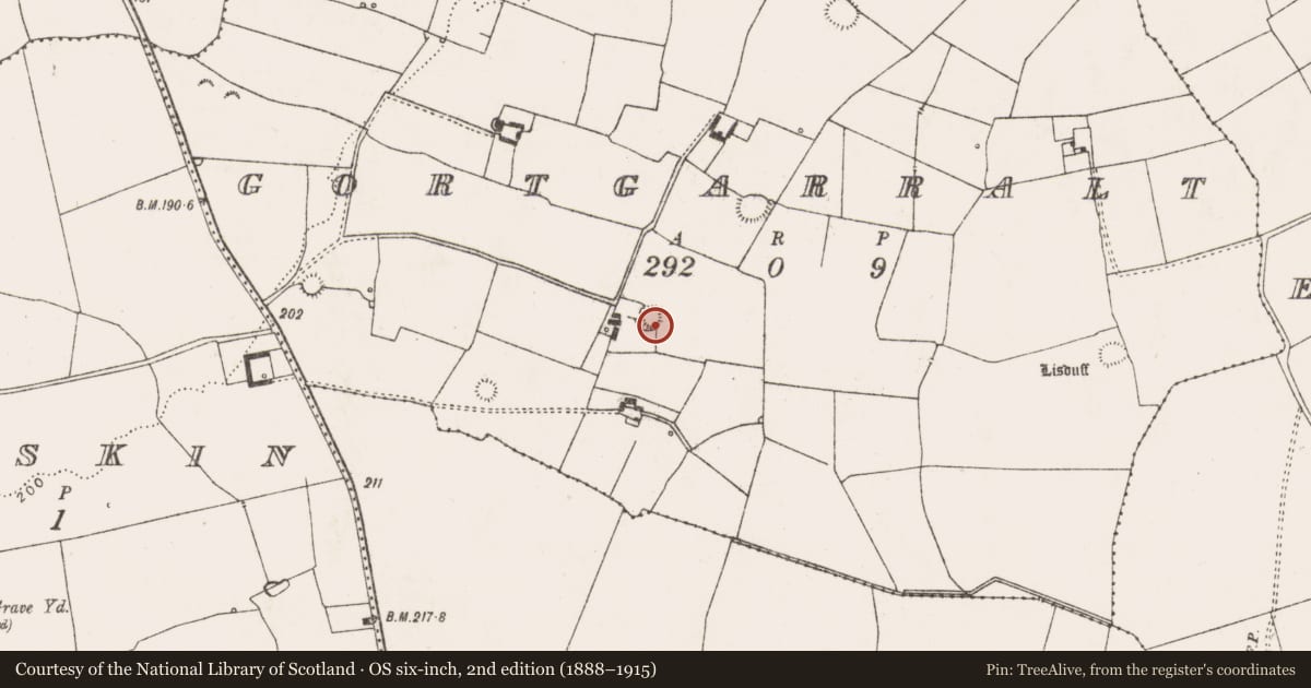 Ordnance Survey six-inch map, 2nd edition (1888–1915) covering the location of Ringfort - rath, Gortgarralt, County Limerick, with a pin at the register's coordinates