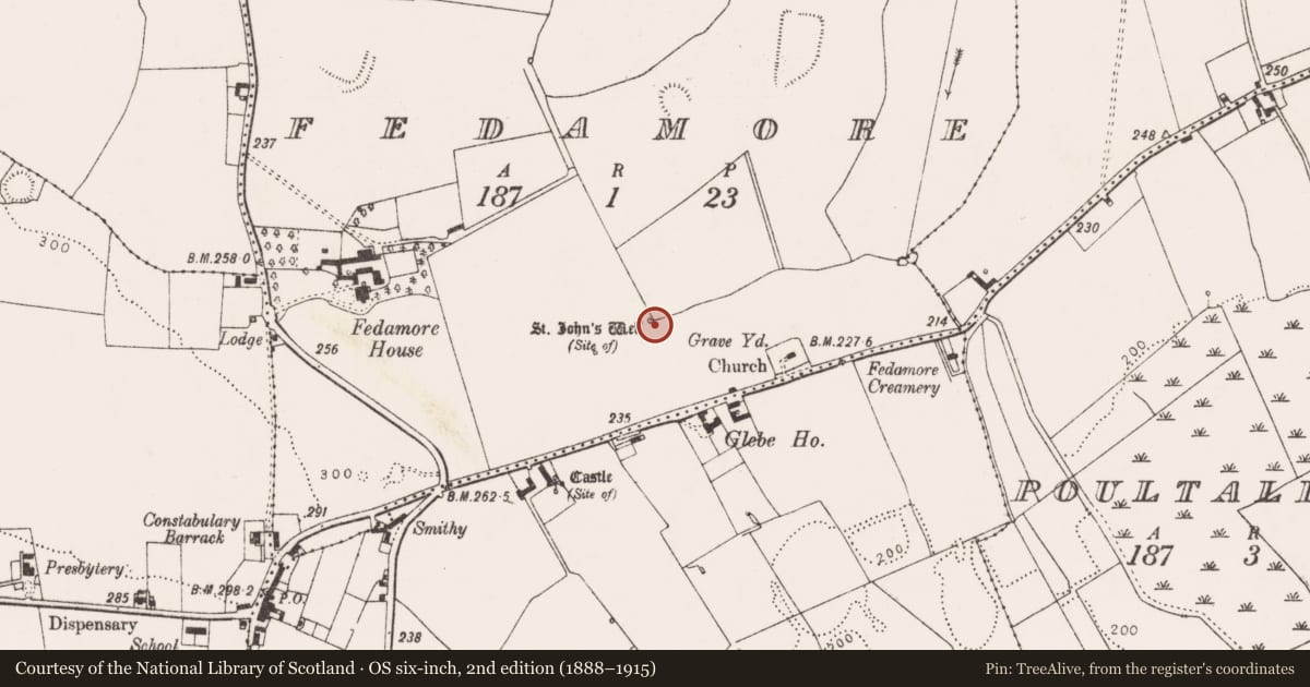Ordnance Survey six-inch map, 2nd edition (1888–1915) covering the location of Ritual site - holy well, Fedamore, County Limerick, with a pin at the register's coordinates